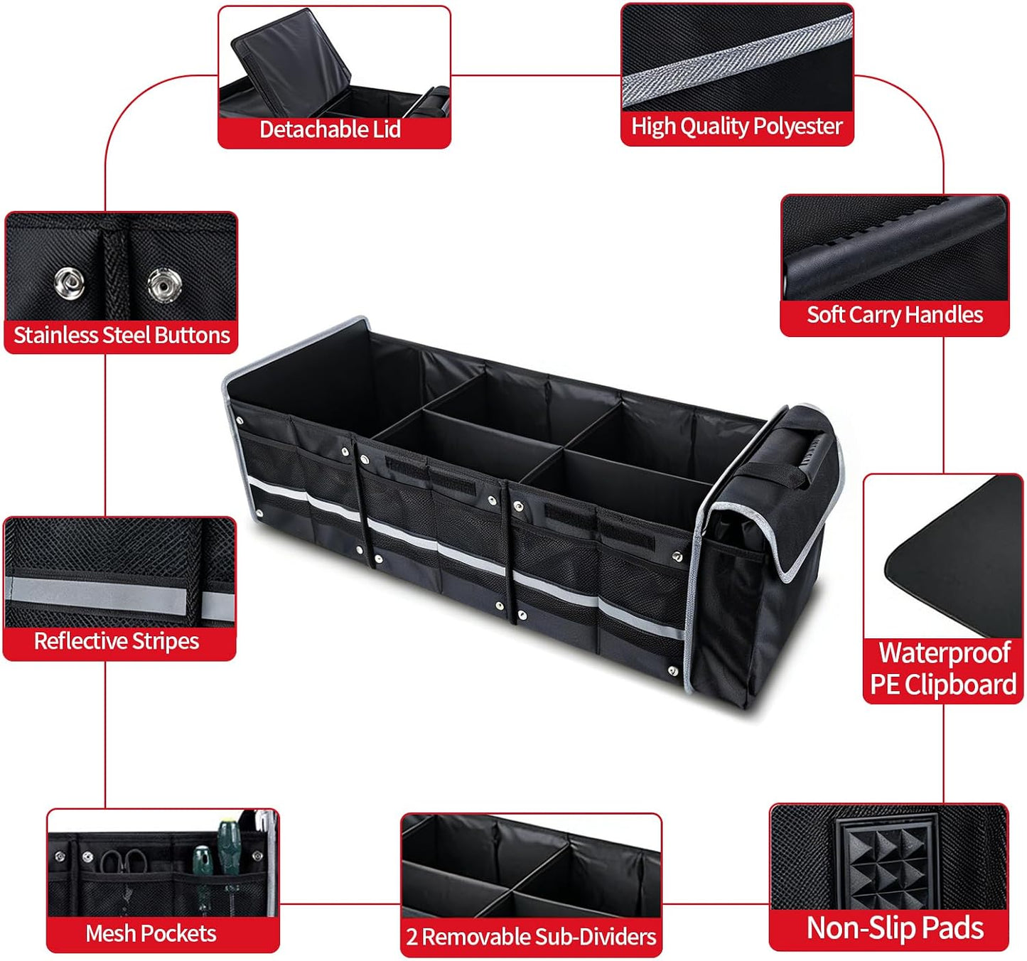 Car Trunk Organizer with Removable Cooler Bag - Collapsible Multi-Compartment Storage for SUV Truck Groceries Camping, Durable Nylon Auto Cargo Organizer (Black)