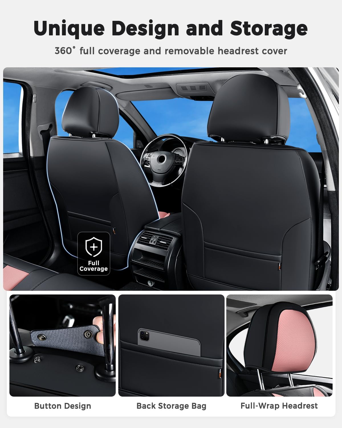 Huidasource Car Seat Covers Front Seats Luxury Nappa Leather, Front Seat Covers with Airbag, Front Storage Pocket, Lumbar Support, Cooling＆Heating, Universal Fit for Most Cars SUV Trucks, Black&Pink