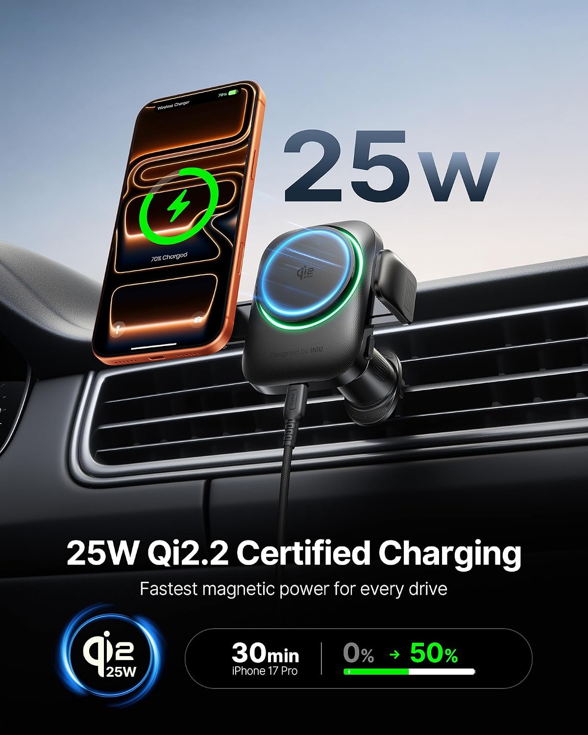 INIU MagSafe Car Mount Charger, Original Qi2.2 Certified 25W Fast Charging