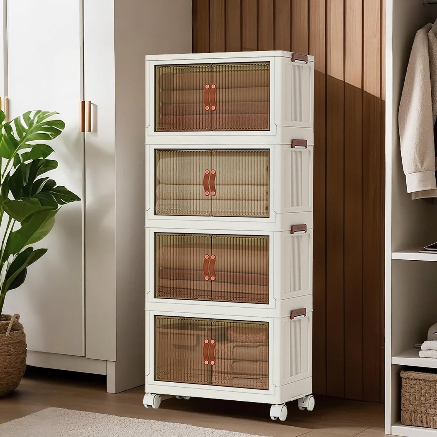 4 Tiers Foldable Storage Bins, 72QT Per Stackable Plastic Storage Bins With Magnetic Double Door and Smooth Wheels Stackable Storage Containers for Snacks, Books