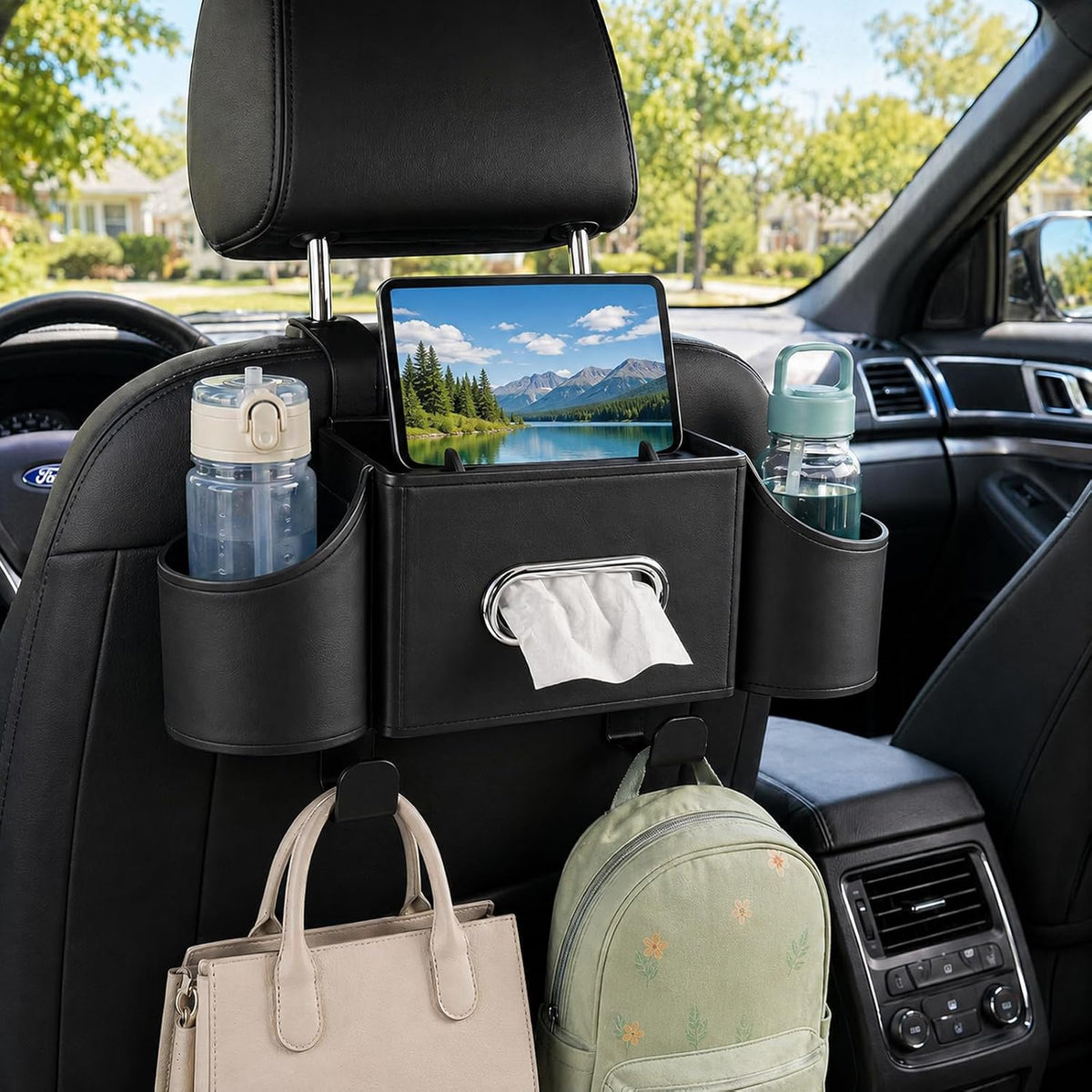 4-in-1 Backseat Car Organizer, Car Headrest Backseat Organizer with Hooks