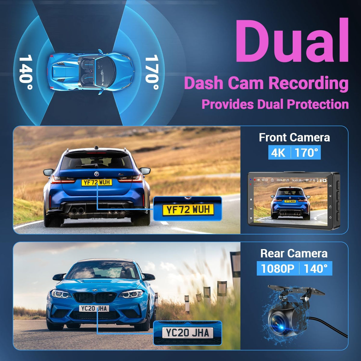 Dash Cam Front and Rear, 4K WiFi App Control with 64GB Card USB Powered
