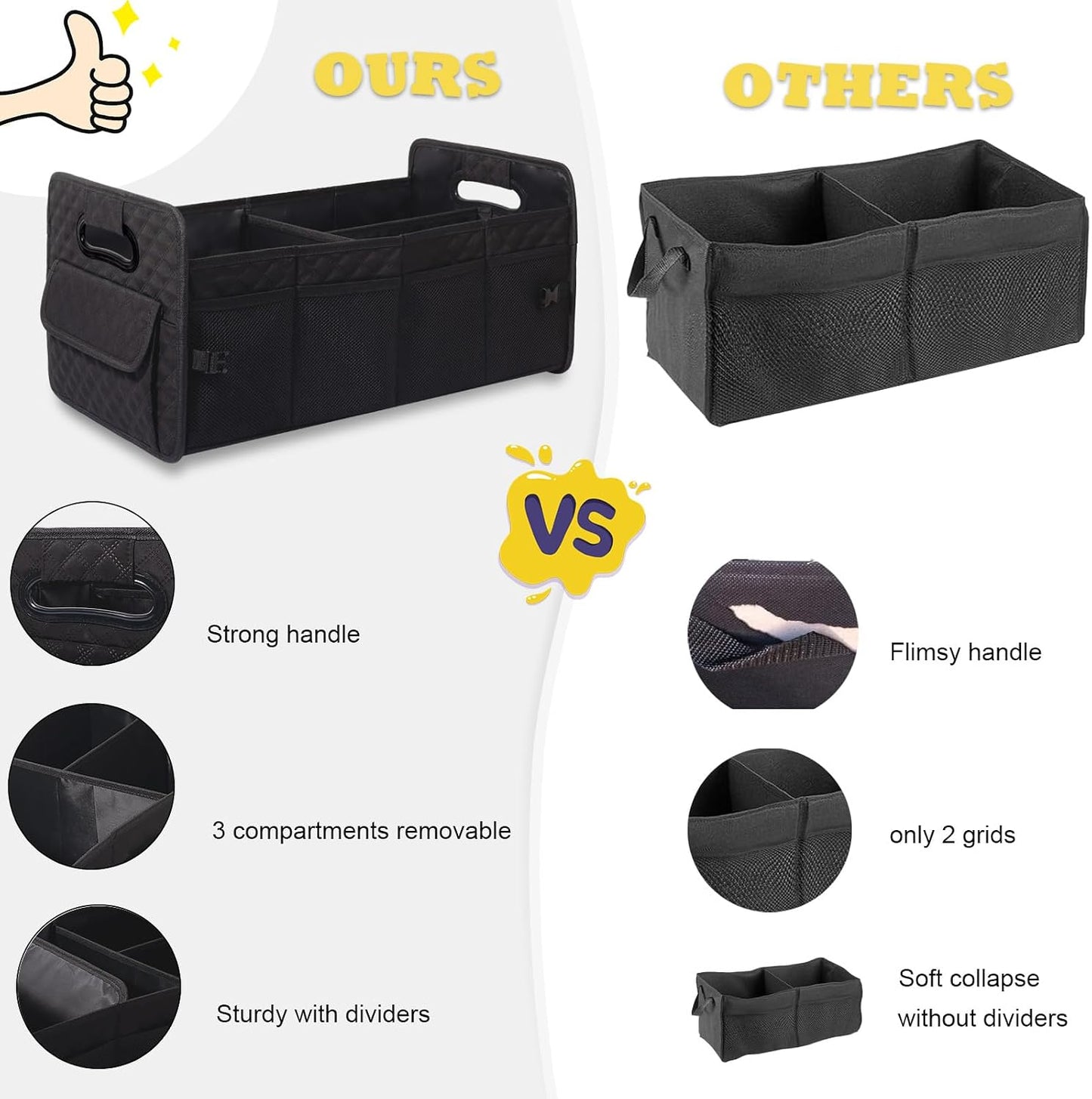 JiatuA Car Trunk Organizer for SUV, Collapsible Car Storage Organizer Black | Sturdy, Large Capacity, Diamond Decor, Multi Compartment Container Box Adjustable Car Accessories for Sedan Truck