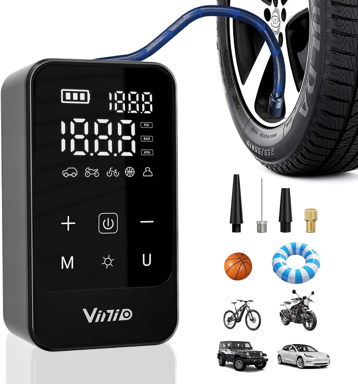 Vinid Tire Inflator Portable Air Compressor, 6000mAh Battery with Cigarette Lighter Adapter, 90W Fast Inflation, 6 Modes, Digital Display, Storage Bag & Handle, for Car Tires, Bike, Motorcycle, Ball