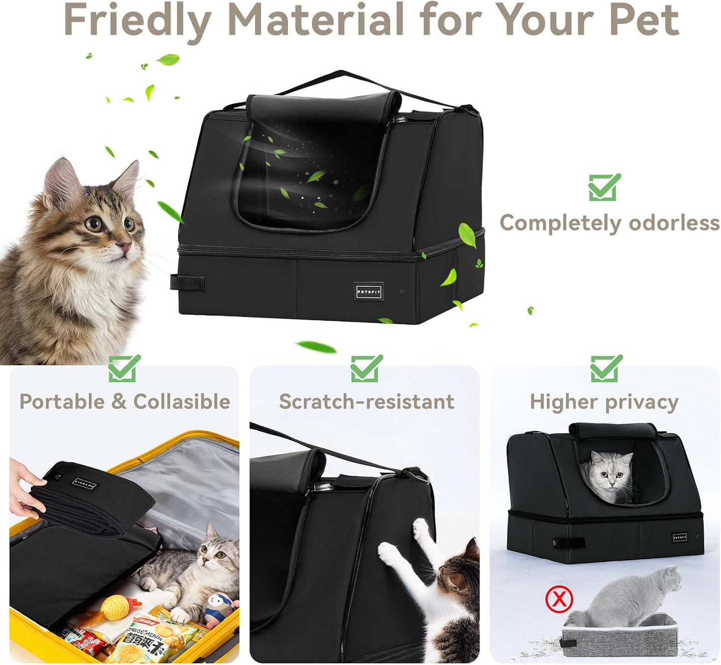 PETSFIT Portable Travel Cat Litter Box – Collapsible, 2-Layer Leak-Proof Washable Liner with Sturdy Support Frame, for Hotel/Car/Camping, Cat Travel Essentials for Kitty/Medium Cats Solid Black