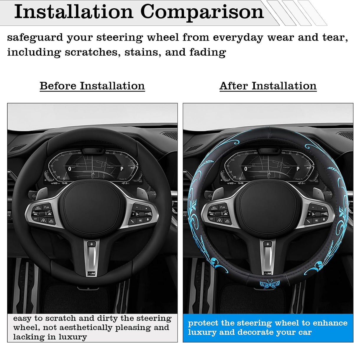 Car Leather Steering Wheel Cover - Panapi Material, Universal 14.5-15 Inch Leather Anti-Slip Breathable Auto Steering Wheel Covers for Men Women (Embroidery-Blue)