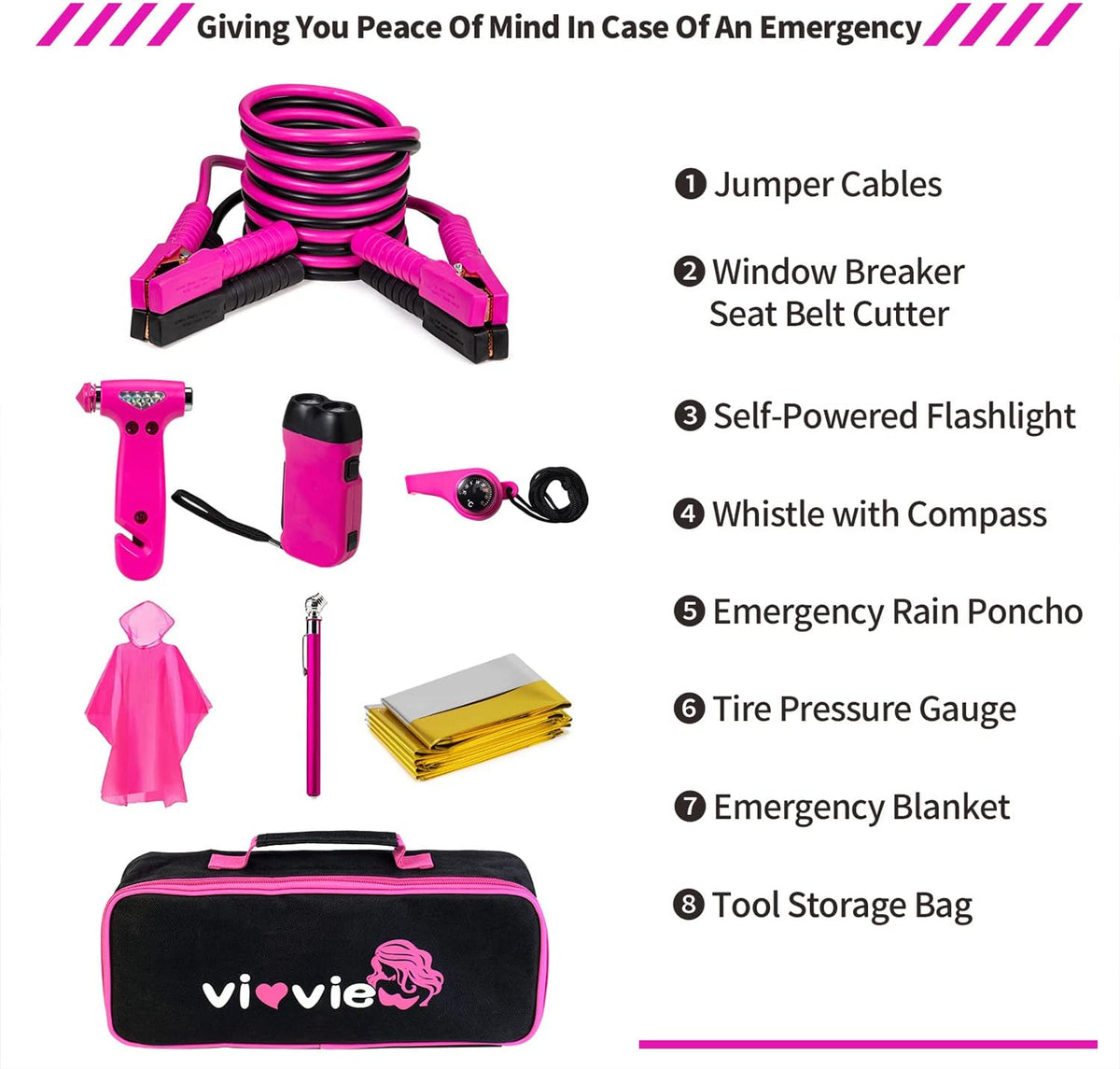 Roadside Emergency Car Kit for Vehicles, Car Safety Kit with Jumper Cables, Safety Hammer, Pink Car Accessories Road Trip Essentials Assistance Kit for Teen Girls Women