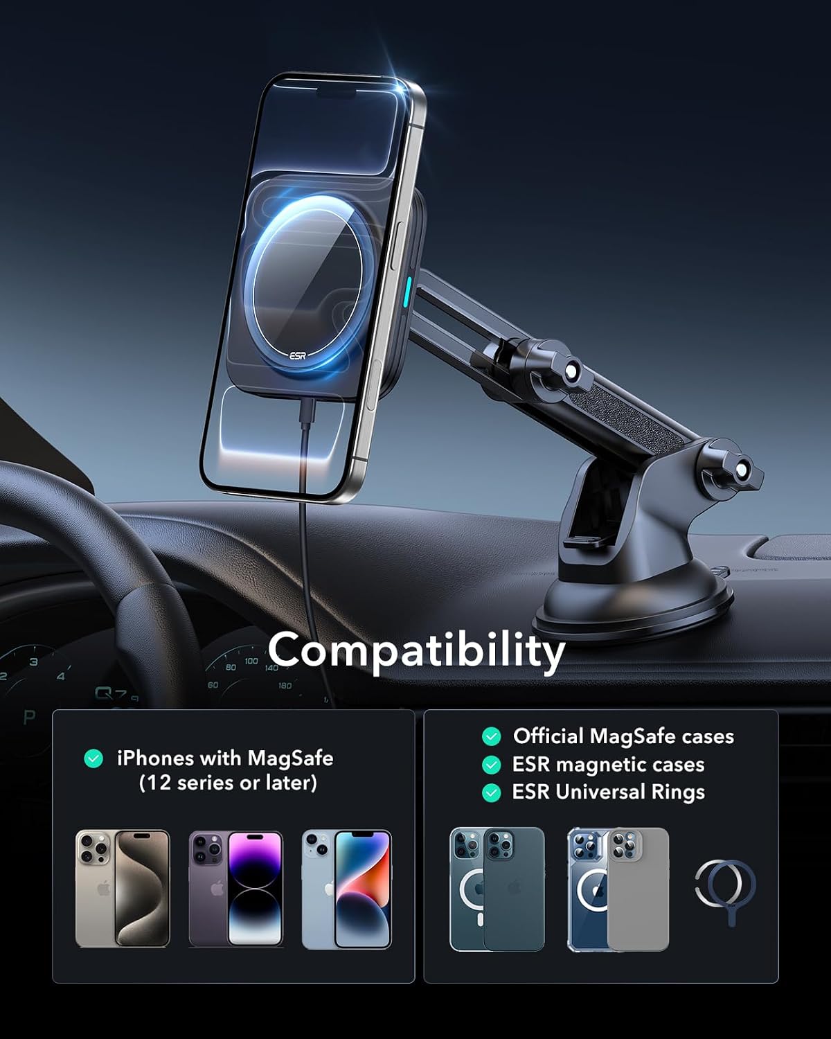 ESR for 15W MagSafe Car Mount Charger for iPhone Duo/18 Pro/17-12, S26/S25