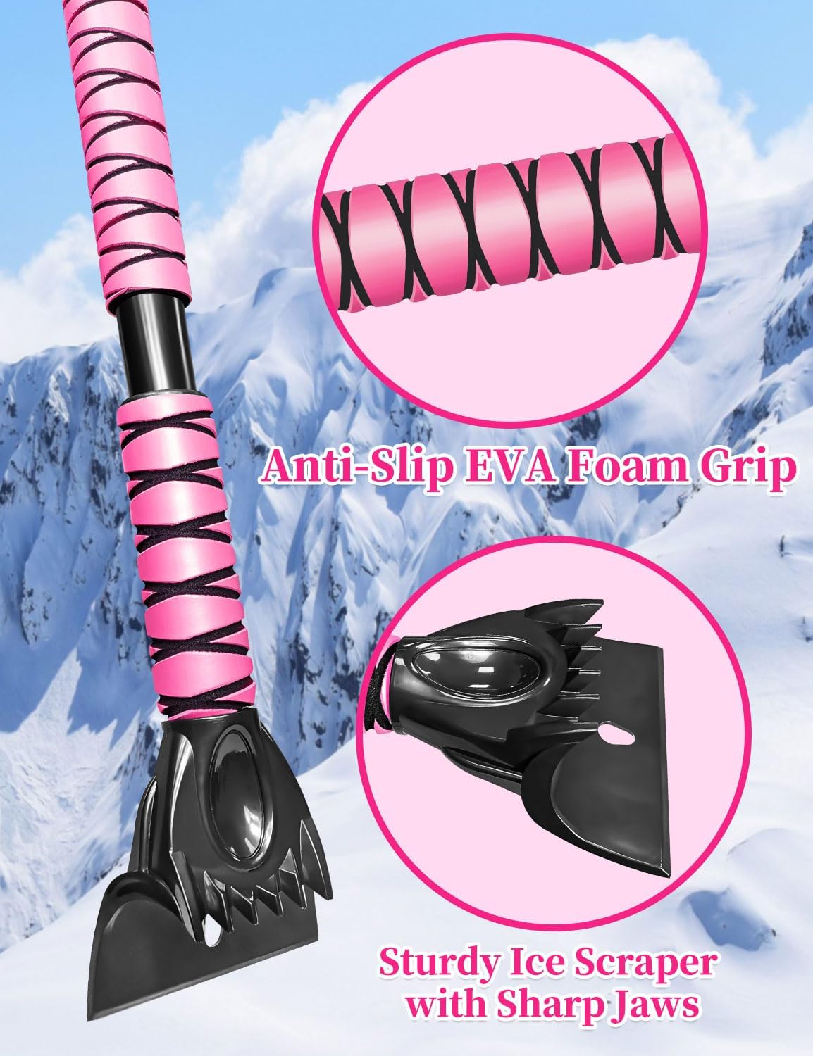 HEEYA 44 Inch Snow Brush for SUV, Ice Scraper for Car Windshield Window, Extendable Snow Scraper and Brush with Comfortable Foam Grip for Truck Vehicle Automobile - Pink