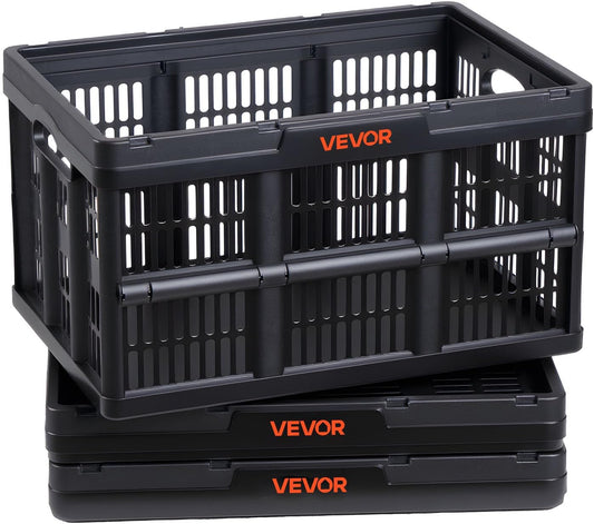 VEVOR Plastic Collapsible Storage Bins, 45L 3 Packs, Stackable Folding Storage Crates with Handles, Holds 33 lbs Per Bin, Foldable Heavy Duty Containers, Space-Saving Baskets, for Home Organizing