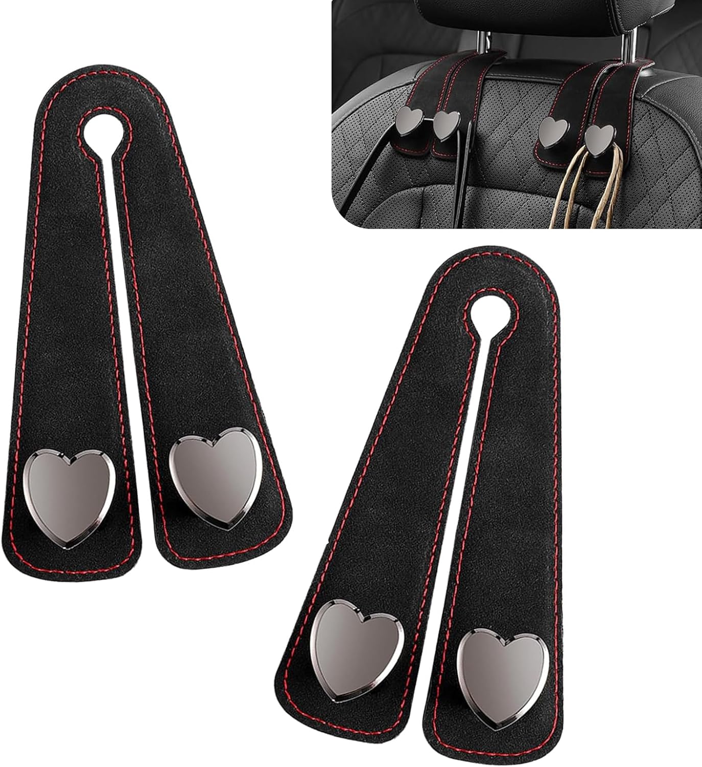 Car Hooks for Headrest, Luxurious Leather & Metal Multifunctional Anti-Slip Vehicle Hooks - Holds Bags, Umbrella, Wallet, Glasses | Universal Car Interior Storage Organizer (Black)