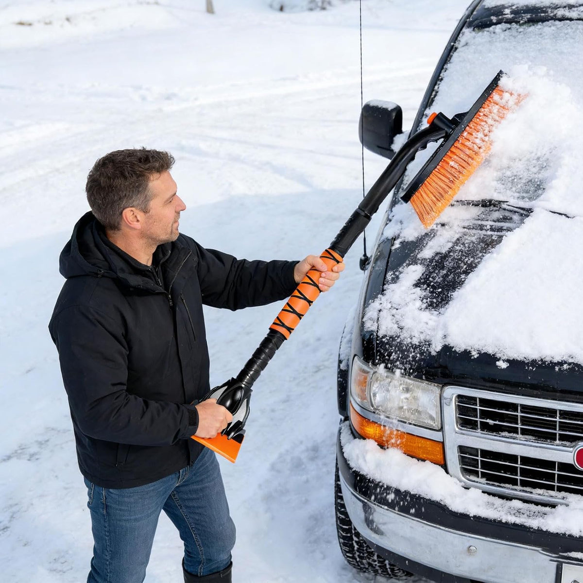 2-in-1 Snow Brush for Car with Ice Scraper Extendable & Removable 360° Pivoting Brush Head, EVA Foam Grip for SUV, Trucks, Auto