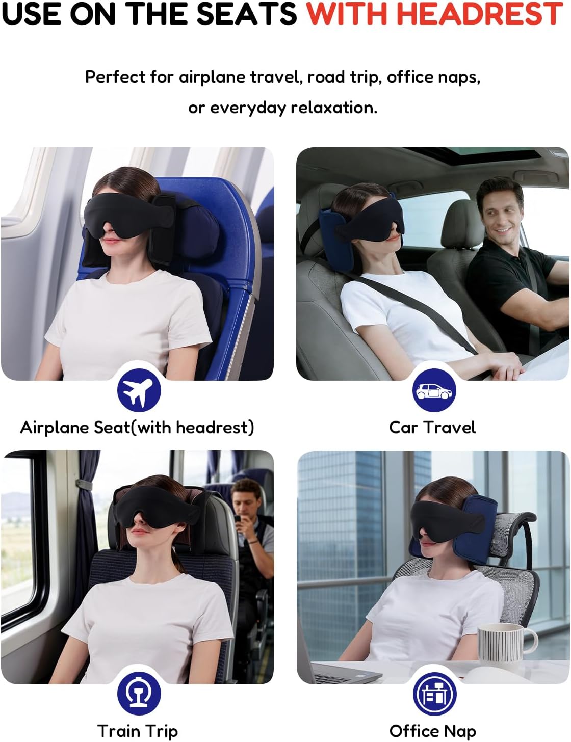 Travel Pillow for Airplanes Head Strap Support, 3D Eye Mask | 360 Airplane Sleep Support Headrest Pillow No Bobbing Head Sleeping Aid Travel Essentials for Long Flights/Car/Trip Blue