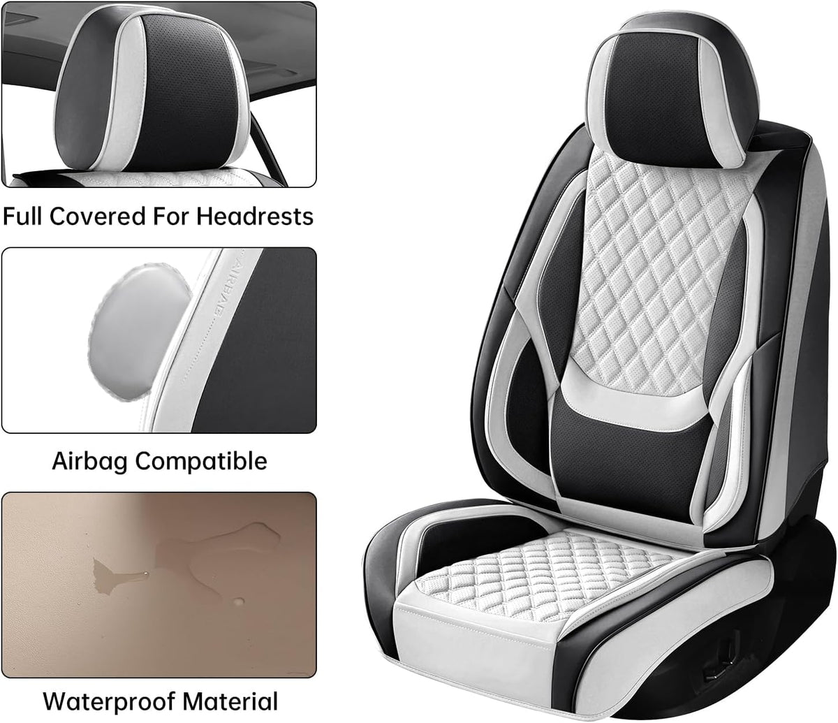 Car Seat Covers Full Set,5 Seat White Leather Seat Covers for Cars,Front Seats and Back Seat Cover,Waterproof Car Seat Cushion Protectors,Universal Fit for Most Cars SUV Trucks (White Black, Full Set)