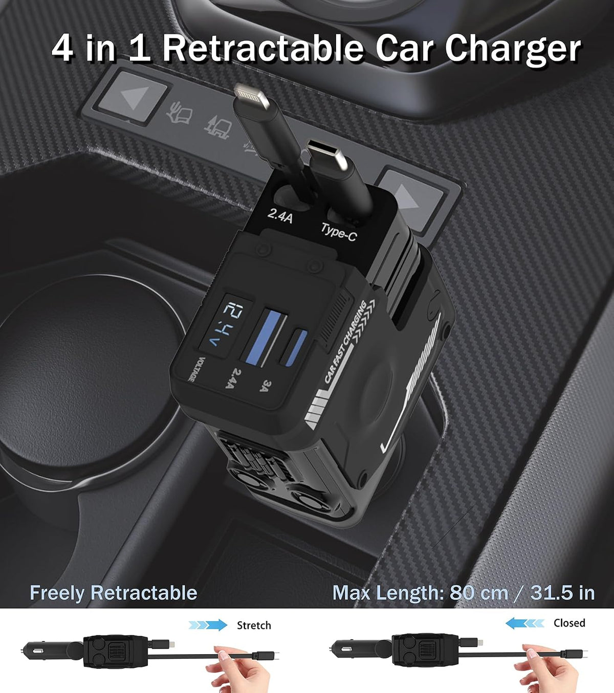 Retractable Car Charger, 4 in 1 66W Fast Charging USB C Car Charger