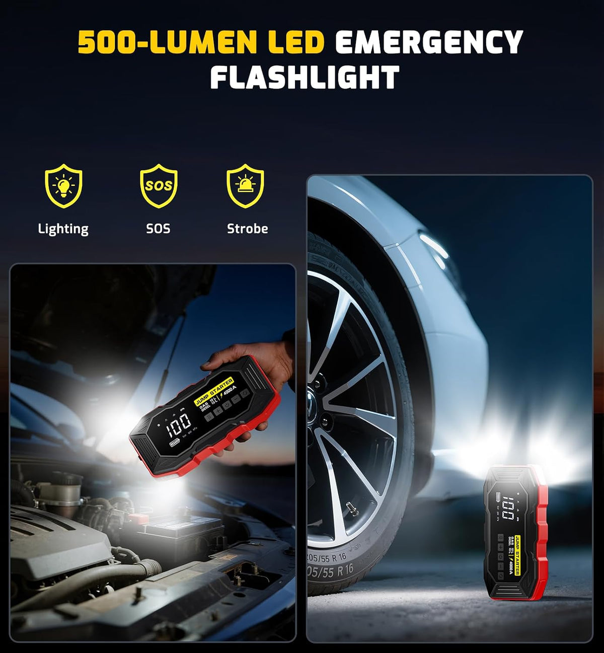 Jump Starter with Air Compressor 4000A Portable Car Battery Jump Starter (All Gas/10L Diesel), 160PSI Auto-Shutoff Tire Inflator Air Compressor, SuperSafe 12V Jump Box Car Battery Jumper Booster