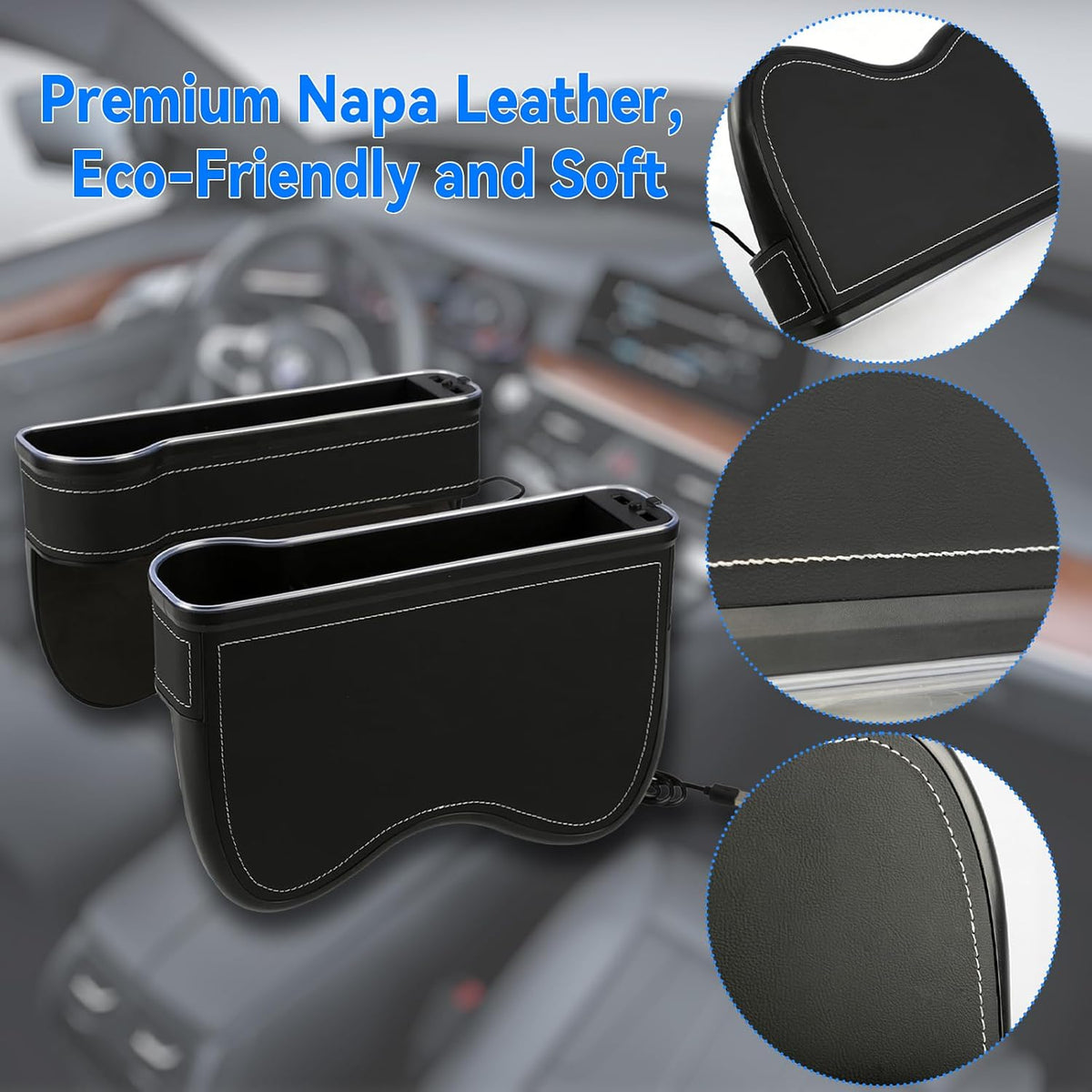2 Pack Car Gap Filler Organizer with Charger Upgrade LED Seat Gap Organizer Box with Cup Holder Card Slot Larger Storage Space Reducing Item Loss