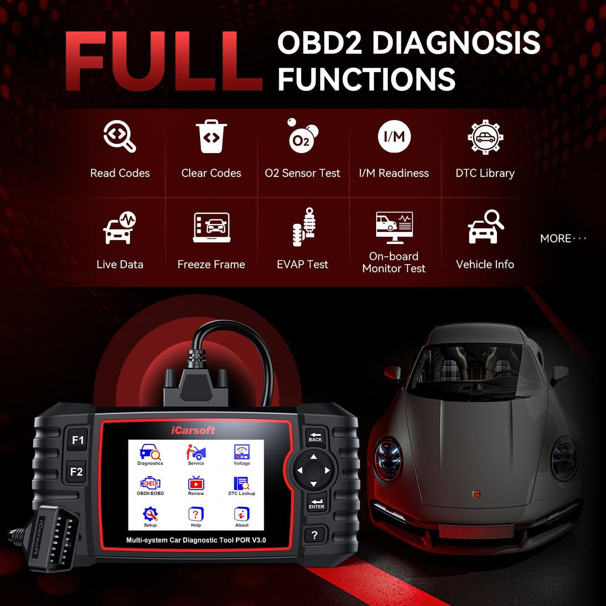 Bidirectional Diagnostic Tool for Porsche/Cayenne, iCarsoft POR V3.0 All System OBD2 Scanner, 26 Resets +12 Extra Services Battery Registration Code Reader for Porsche,Support CAN-FD, Free Update