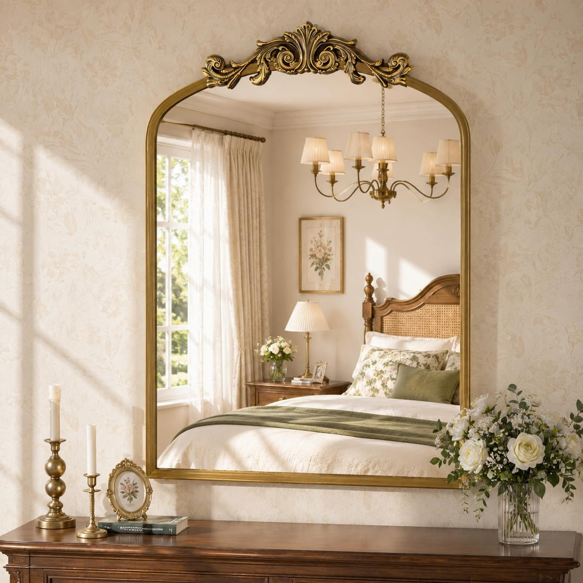 Arched Gold Bathroom Mirror, 24x36 Inch Vintage Vanity Wall Mirror