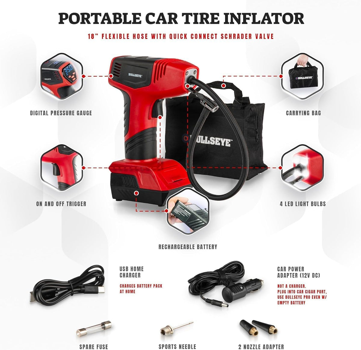 Bullseye Pro Automatic Digital Tire Inflator 150 PSI Max w/Gauge Display Screen & Pre-Set Pressure in KPA, PSI, BAR, kg/cm, Built-in LED Lights, Rechargeable, Air Compressor, Car Tire Pump Set of 2