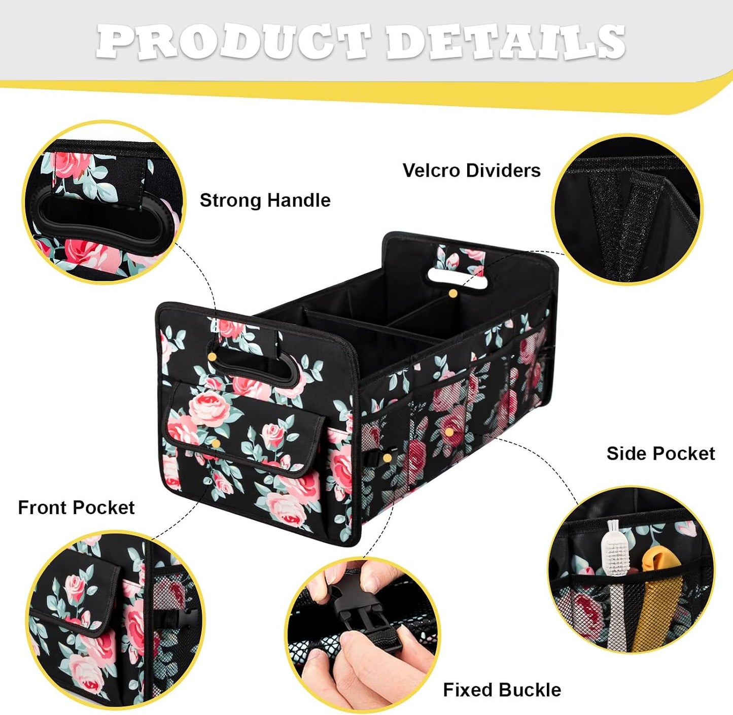 Car Trunk Organizer, Collapsible Car Organizers and Storage Black Floral | Sturdy, Large Capacity, Clean Decor, Multi Compartment Container Box, Adjustable Car Accessories for SUV Sedan Truck