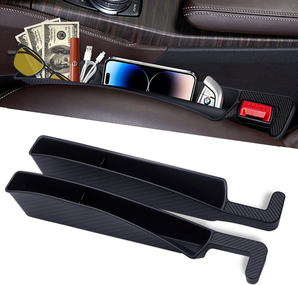 Car Seat Gap Filler Organizer, 2 Pack Front Seat Organizer - Universal Fit SUV Truck Console Side Storage Box for Holding Phone, Glasses, Car Interior Accessories