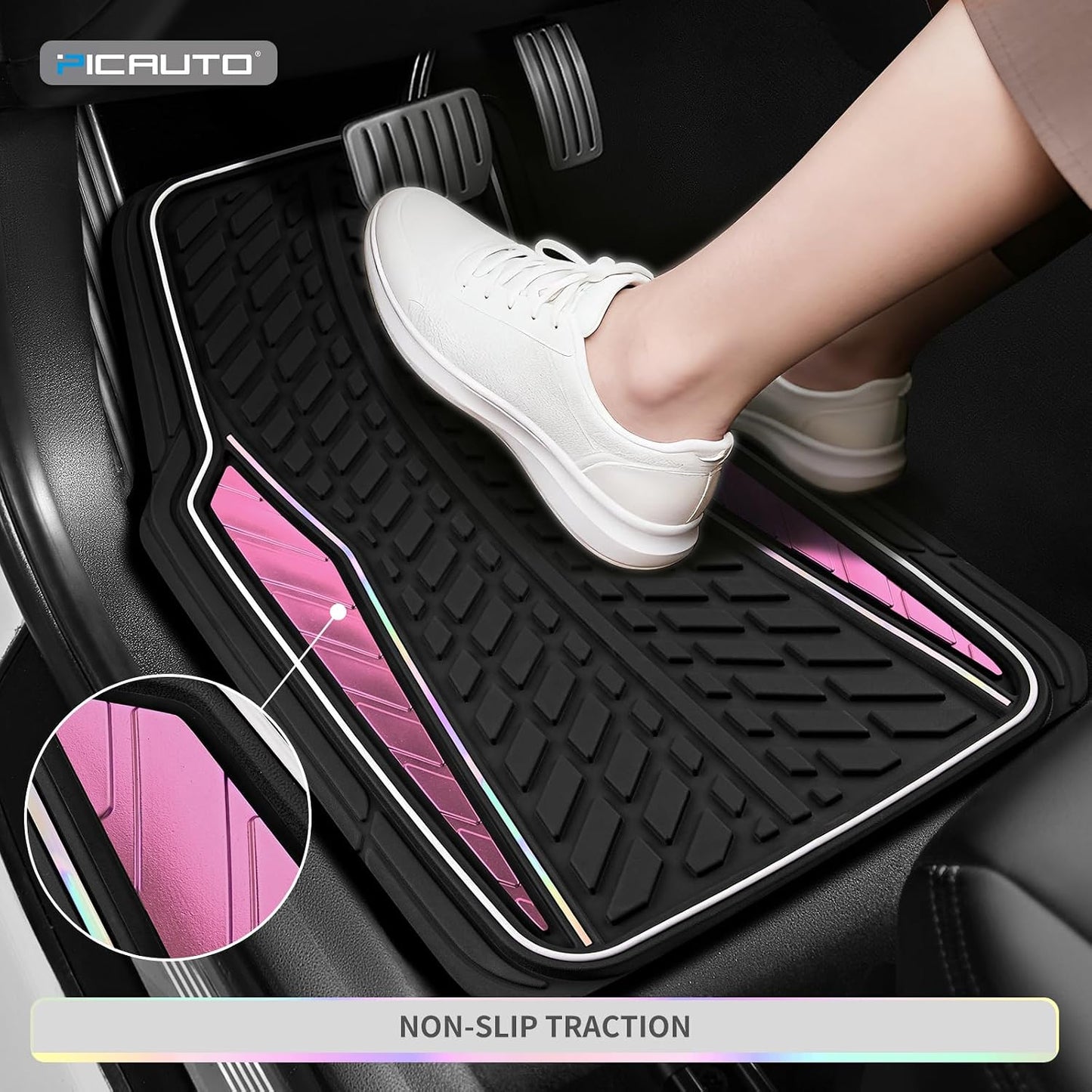 PIC AUTO Car Floor Mats, Pink Aluminum-Molded with Full-Circle Iridescent Inlay Strip Car Mats, Universal-Fit Rubber Mats for Cars, Trucks & SUVs, All-Weather, Non-Slip, Easy-to-Clean Interior Mats
