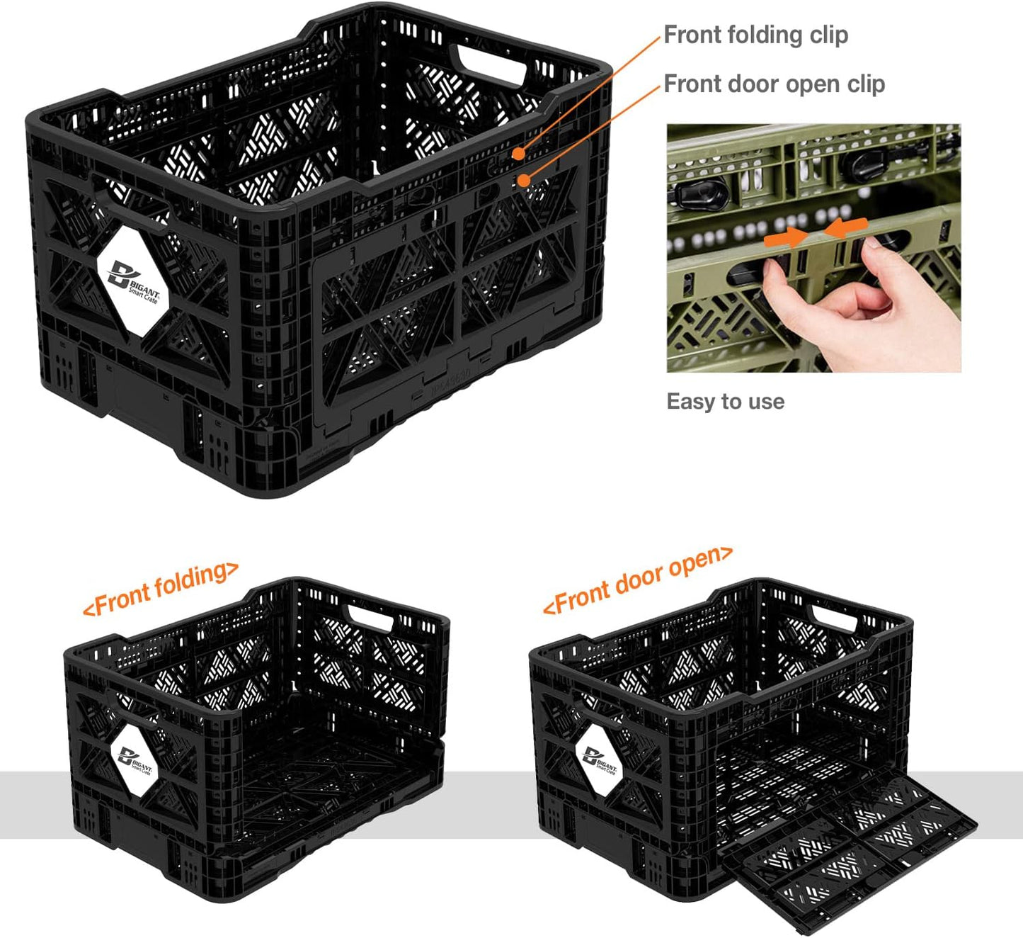 Bigant Heavy Duty Collapsible & Stackable Plastic Milk Crate-Medium Size, Black, Stackable Open Front Organizer, Set of 1, Snap Lock Foldable Industrial Garage Storage Bin Container Utility Basket