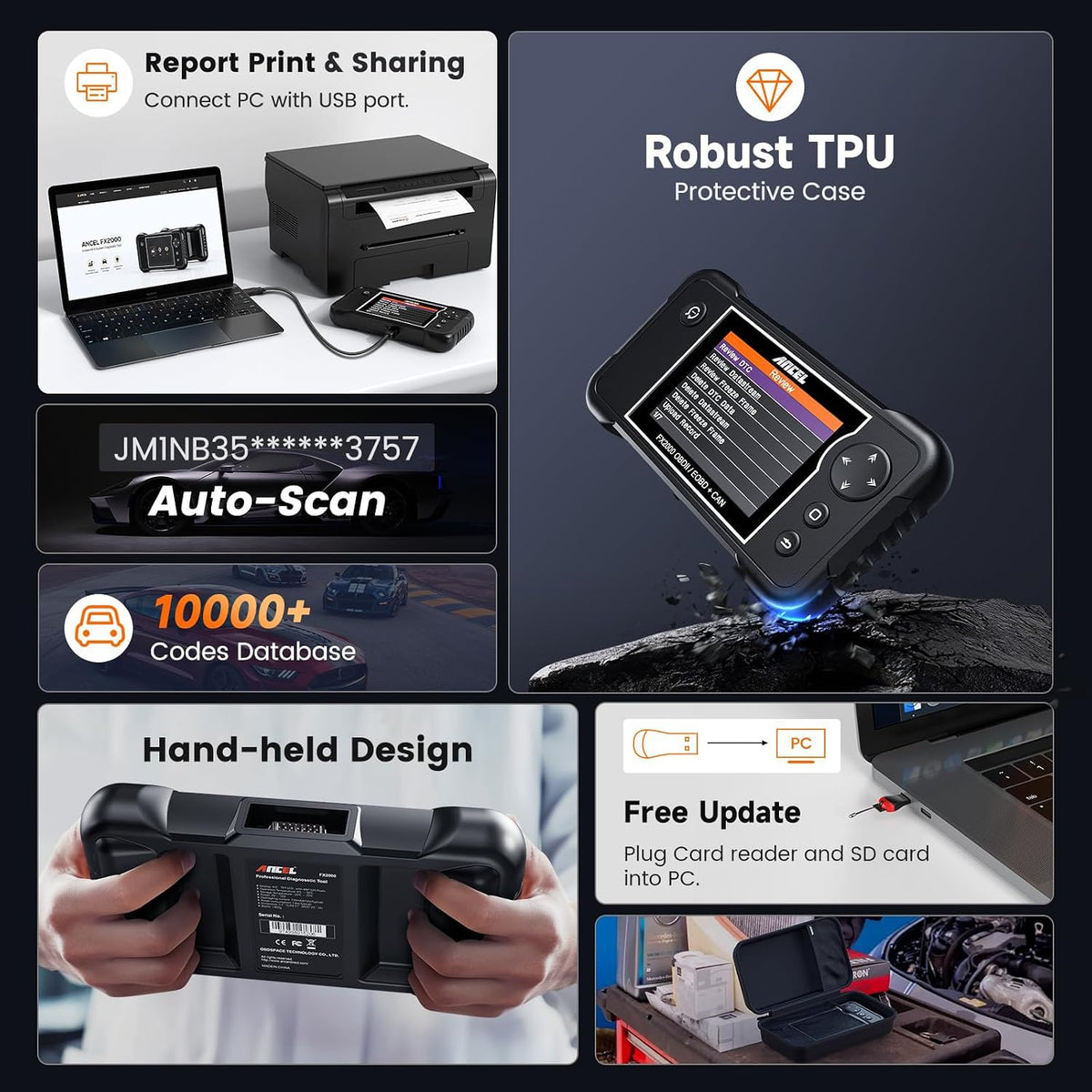 ANCEL FX2000 Plus OBD2 Scanner, ABS SRS Scan Tool with Protective Bag