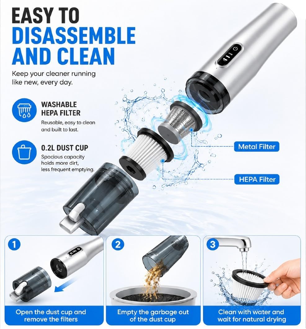Car Vacuum Portable Cordless Handheld Vacuum Cleaner, 4-in-1 Mini Vacuum with 18,000Pa Suction, 6,000mAh Battery, Brushless Motor, 3 Suction Modes, USB-C, for Car, Home & Office