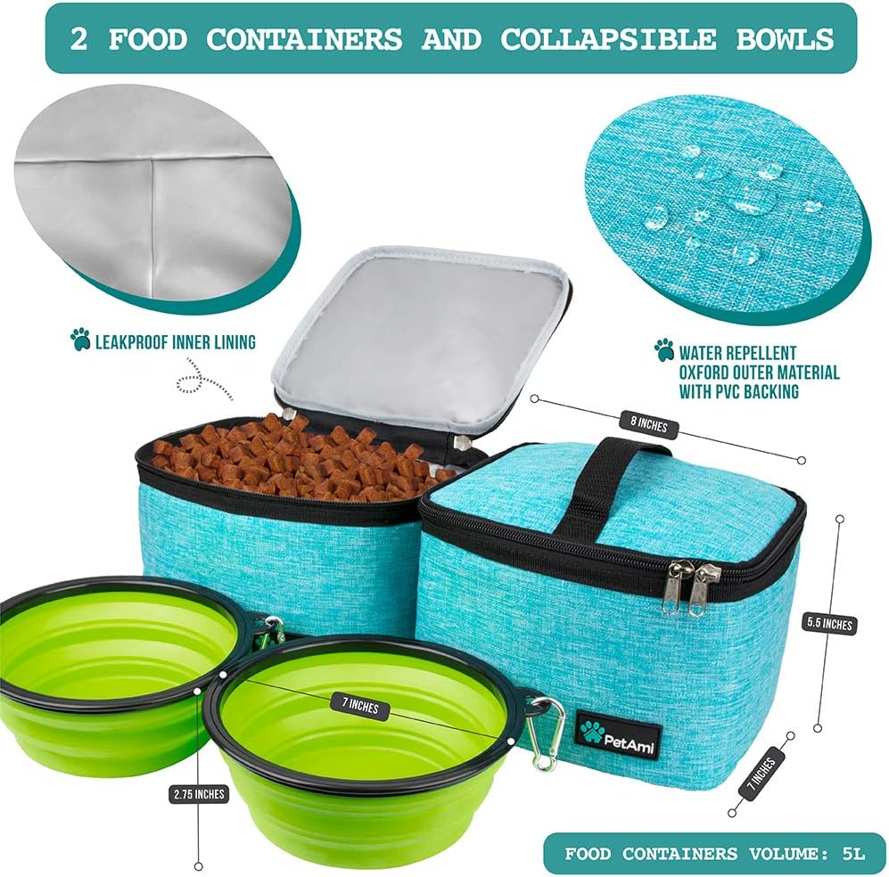 PetAmi Dog Travel Bag Organizer, Pet Travel Kit with 2 Food Containers & 2 Collapsible Dog Bowls, Pet Supplies Tote with Luggage Sleeve, Weekend Road Trip Camping Essentials, Teal Blue, Large