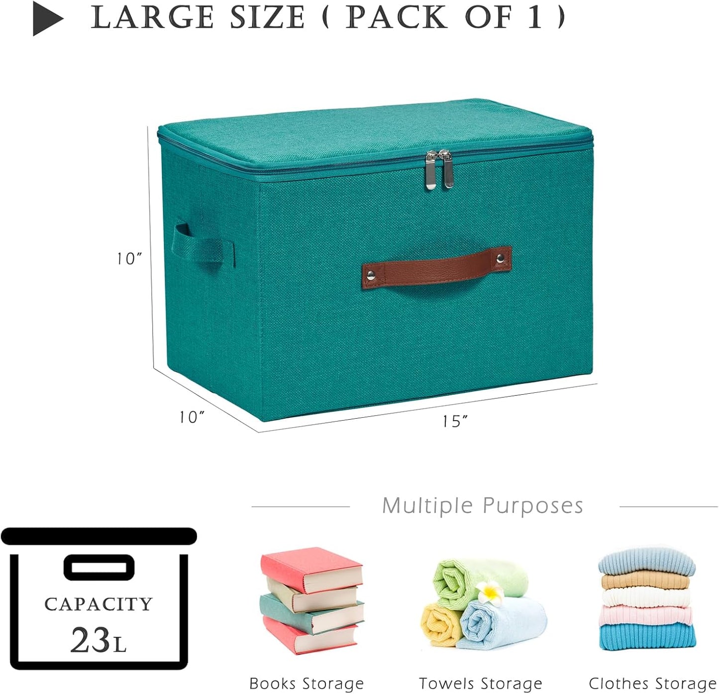 Storage Bins with Zipper Lid Cotton Linen Fabric Lidded Storage Baskets Boxes Foldable Washable Closet Shelf Clothes Organizer Container with PU Leather Handles (Teal Blue, Large)