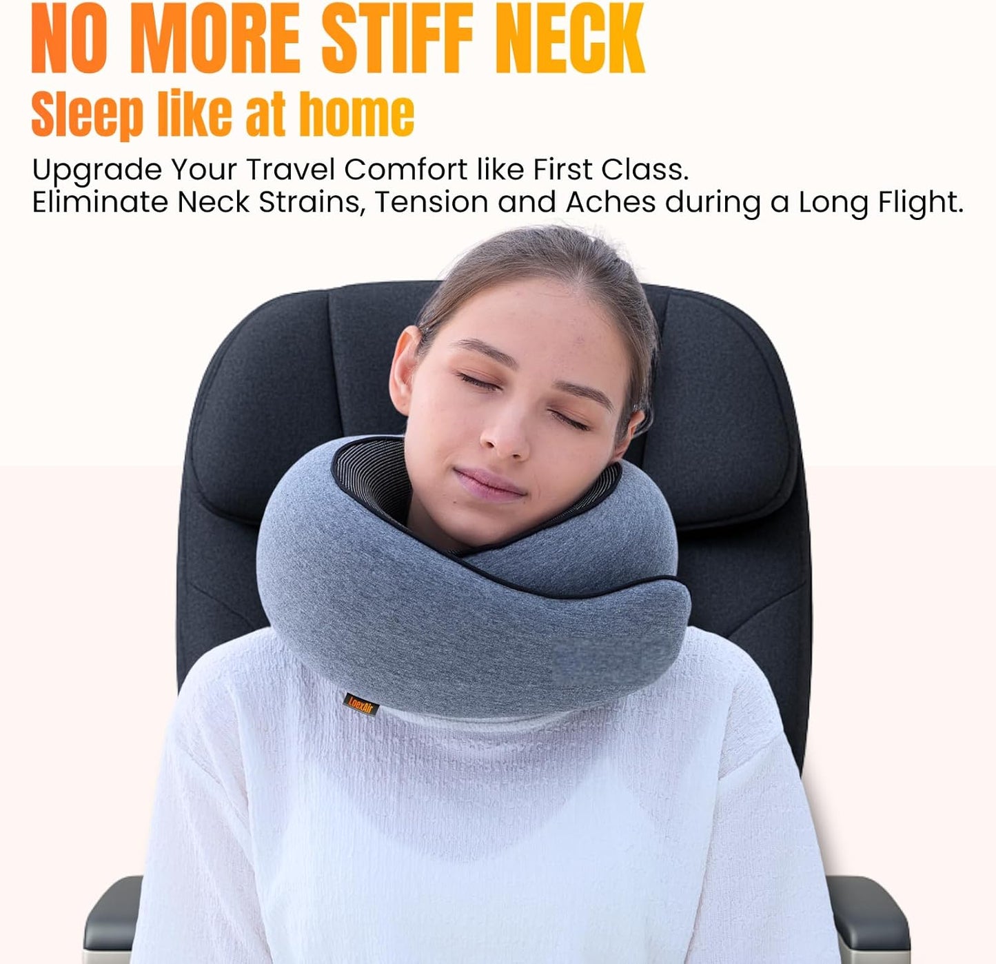 LOEXAIR™ Travel Pillow, Neck Pillow Travel for Airplane, Car - 100% Cotton Fabric & Memory Foam Plane Pillow, Lightweight & Easy-to-Carry on Flight, Full Travel Set (Eye Mask, Earplugs) - Light Grey