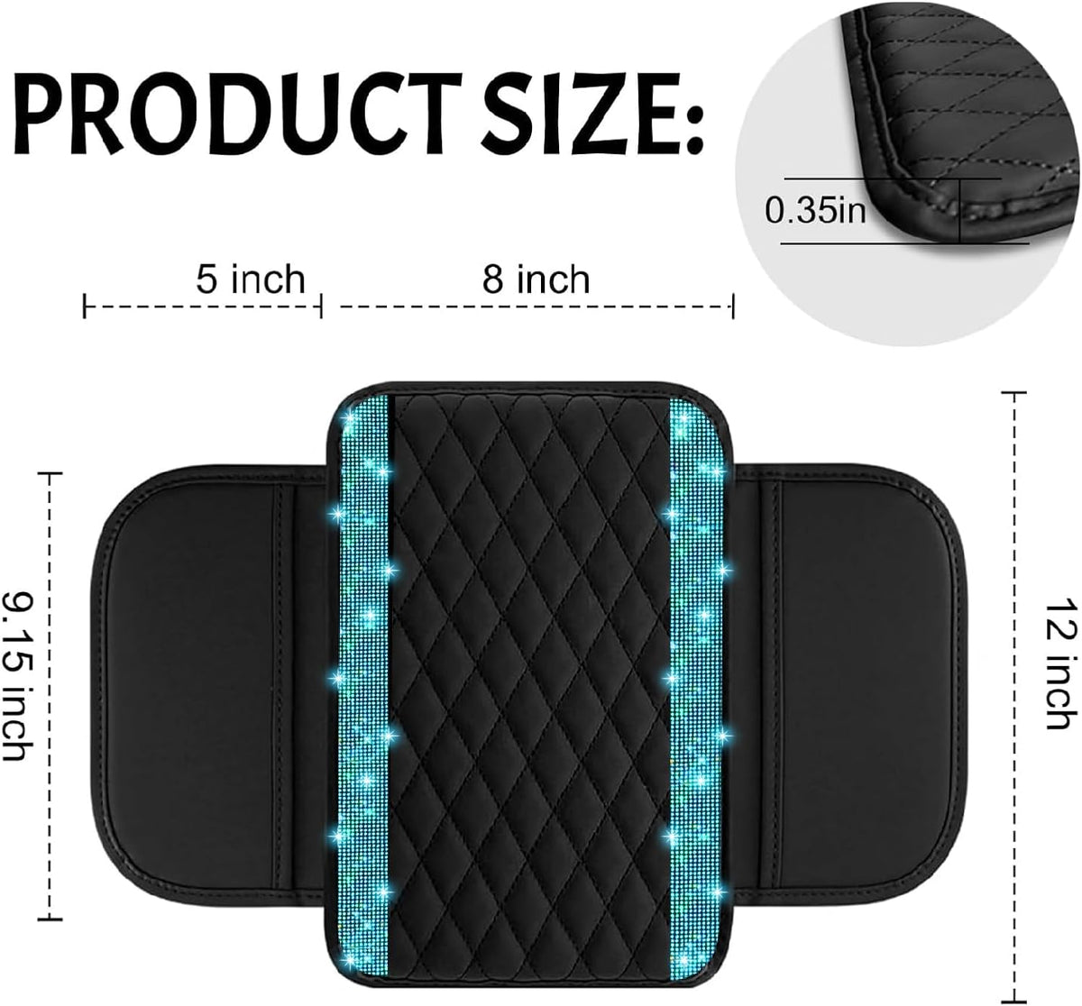 NBTEPEM Bling Car Center Console Cover, Leather Car Arm Rest Cover Cushion with 2 Storage Bags, Middle Console Cover Universal Armrest Protector Pads, Bling Accessories for Most Vehicles (Aquamarine)