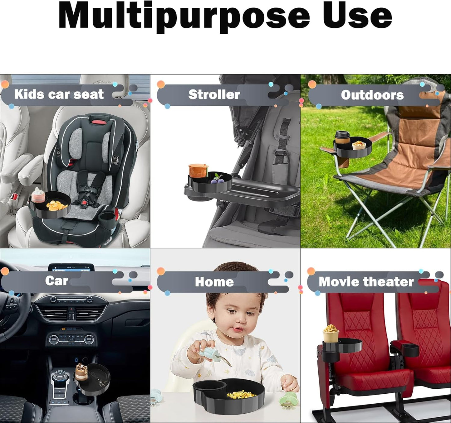 [2 Packs] Kids Car Seat Tray, Travel Tray with Cup Holder for Toddler Baby, Kids Car Seat Food Snack Organizer for Road Trip, Stroller snack tray travel must haves - Black