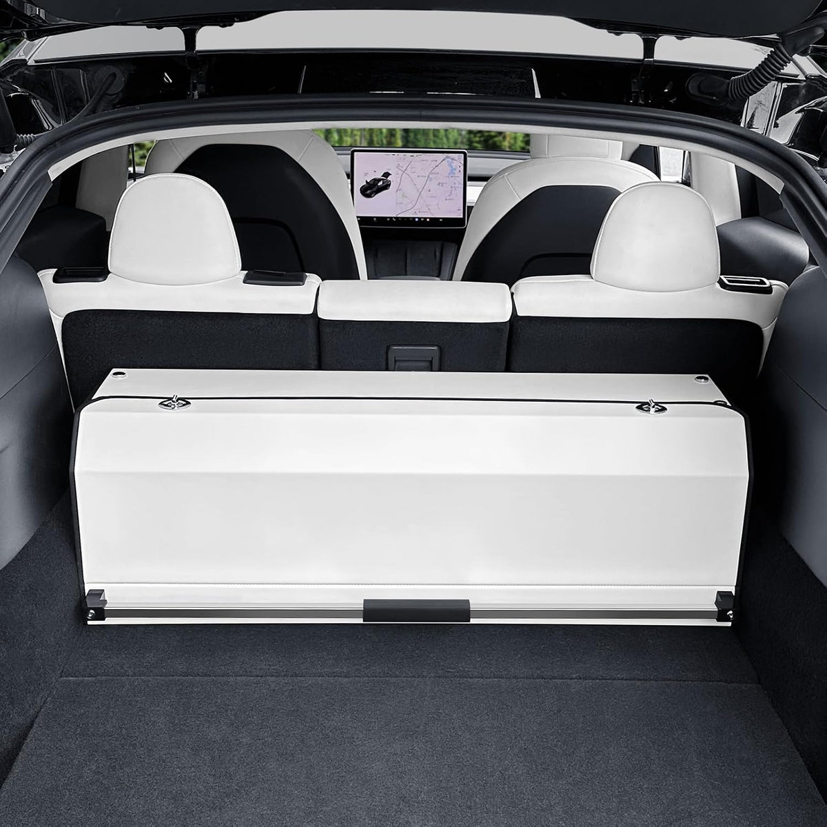 Car Trunk Suv Organizer for 2022-2023 Tesla Model Y (5-Seater), Leather Sturdy Trunk Storage Bin Box, Compartment Foldable Organizer with Lid and Push-pull Handle, White