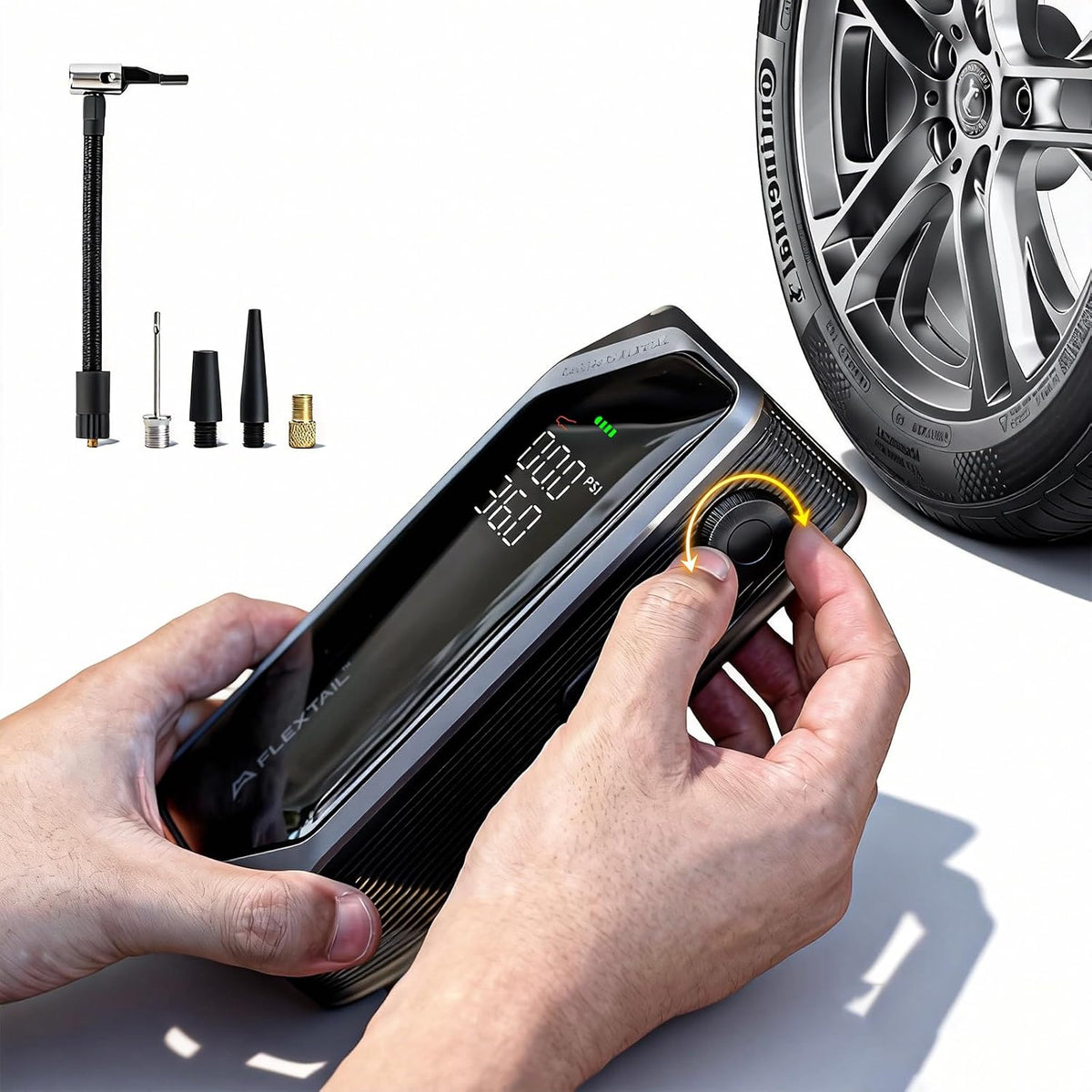 FLEXTAILGEAR Portable Tire Inflator, Rechargeable Electric Air Pump with Knob Pressure Control, Cordless Air Compressor for Car Tires, Bike, Balls, Digital Pressure Gauge, Auto Shut-Off.