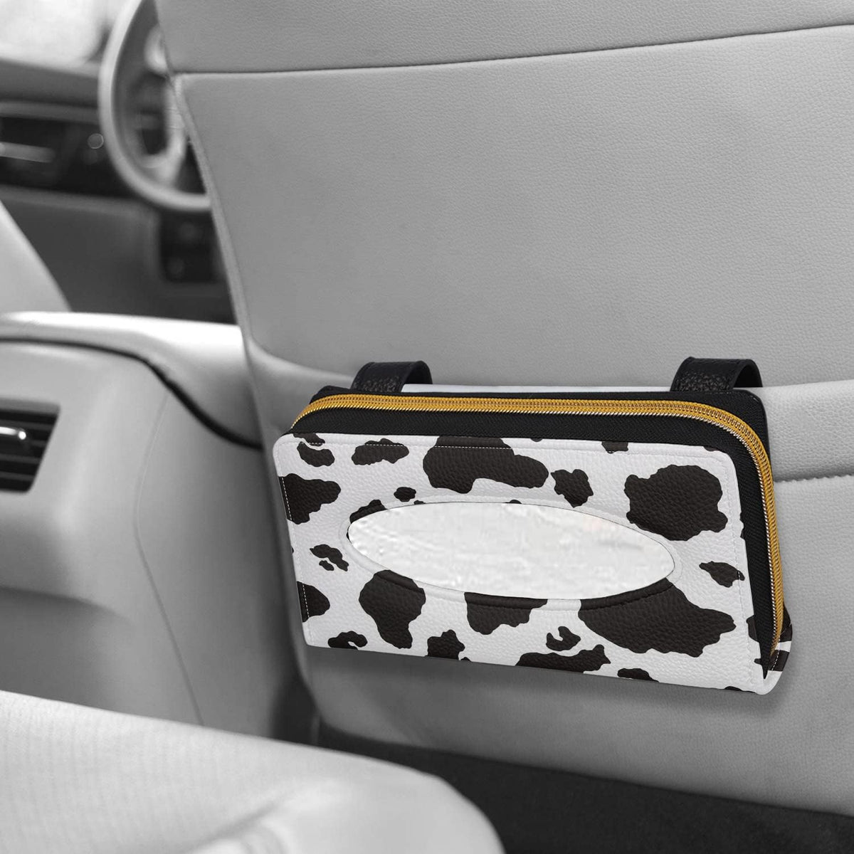 Biyejit Car Tissue Holder - Black and White Cow Print Sun Visor Napkin Holder, PU Leather Backseat Tissue case Holder