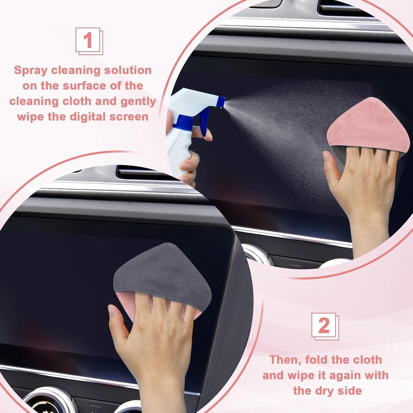 BFXM 2PCS Car Screen Cleaner, 4.1''×4.1'' Microfiber Dashboard Wipes, Square Microfiber Cloth, Automotive Display Wipes,Vehicle Screen Cleaner Tool for Dashboard Display, Car Interior Tool (Pink)