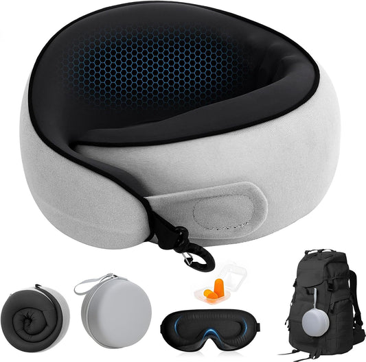 360° Full Support Compact Neck Airplane Pillow for Car, Office | Neck Pain Travel Pillow for Rest; Long Flight Kit with Contoured 3D Eye Mask, Earplugs & Portable Storage Box