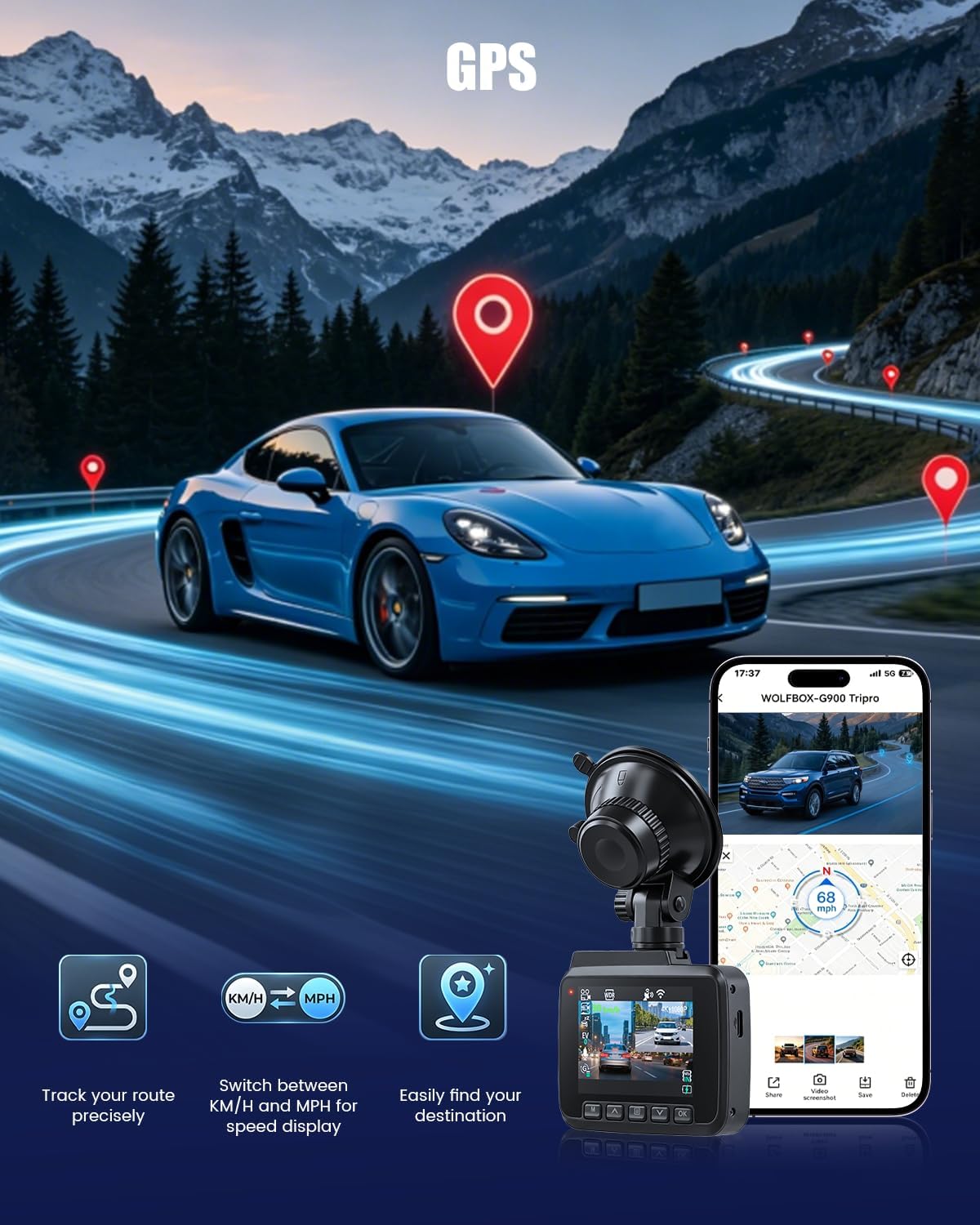 4K Dash Cam Front and Rear, Built-in WiFi & App Control, GPS