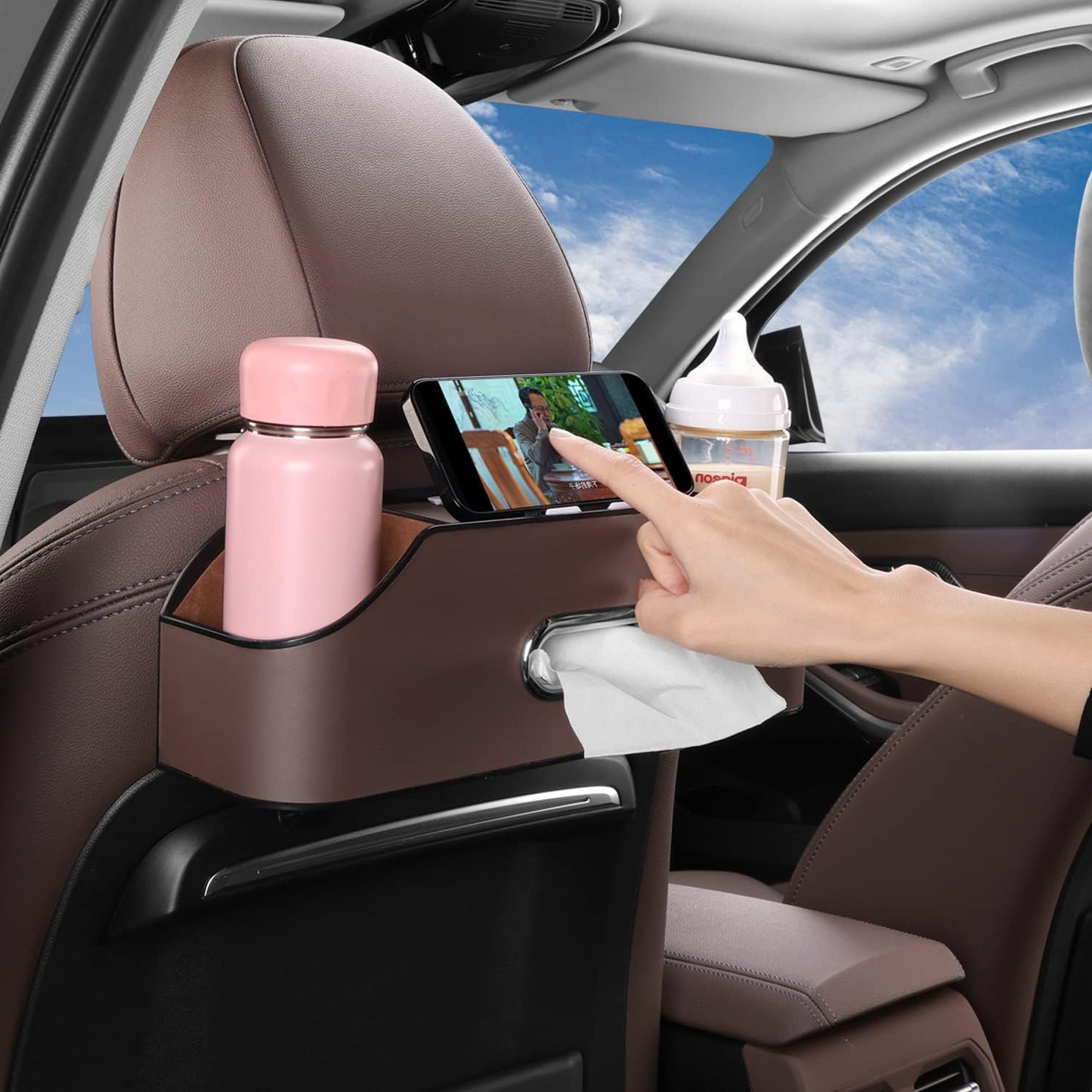 Car Seat Back Organizer - Stylish & Functional Storage for Family Adventures - Cup Holders, Tissue Box & Hooks - Perfect for Kids, Road Trips & Travel (Brown)