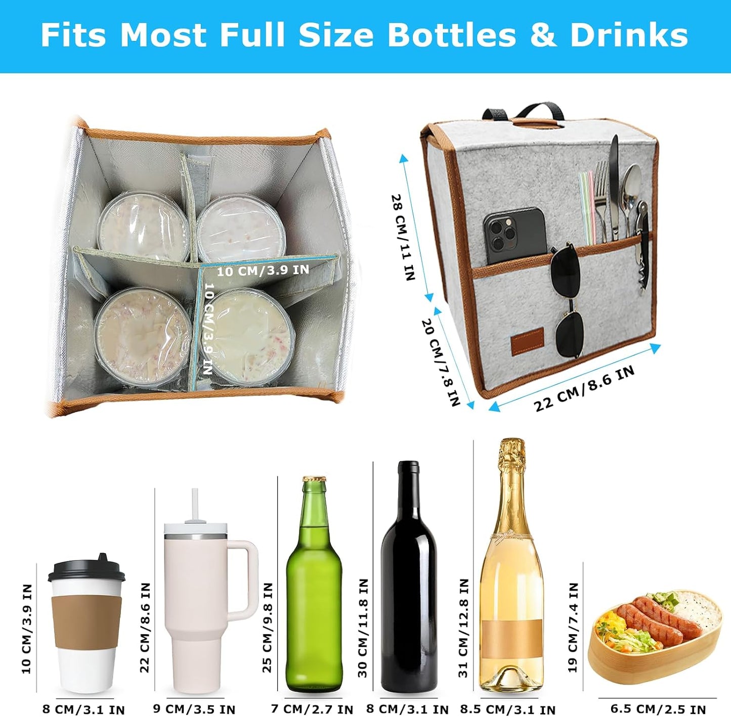 4 Cup Drink Carrier with Handle, Reusable Insulated Cooler Drink Bags for Car Cup Holder,Coffee Carrier Bag with Fixed Dividers, Portable for Car, Travel, Picnic Party, Food Delivery