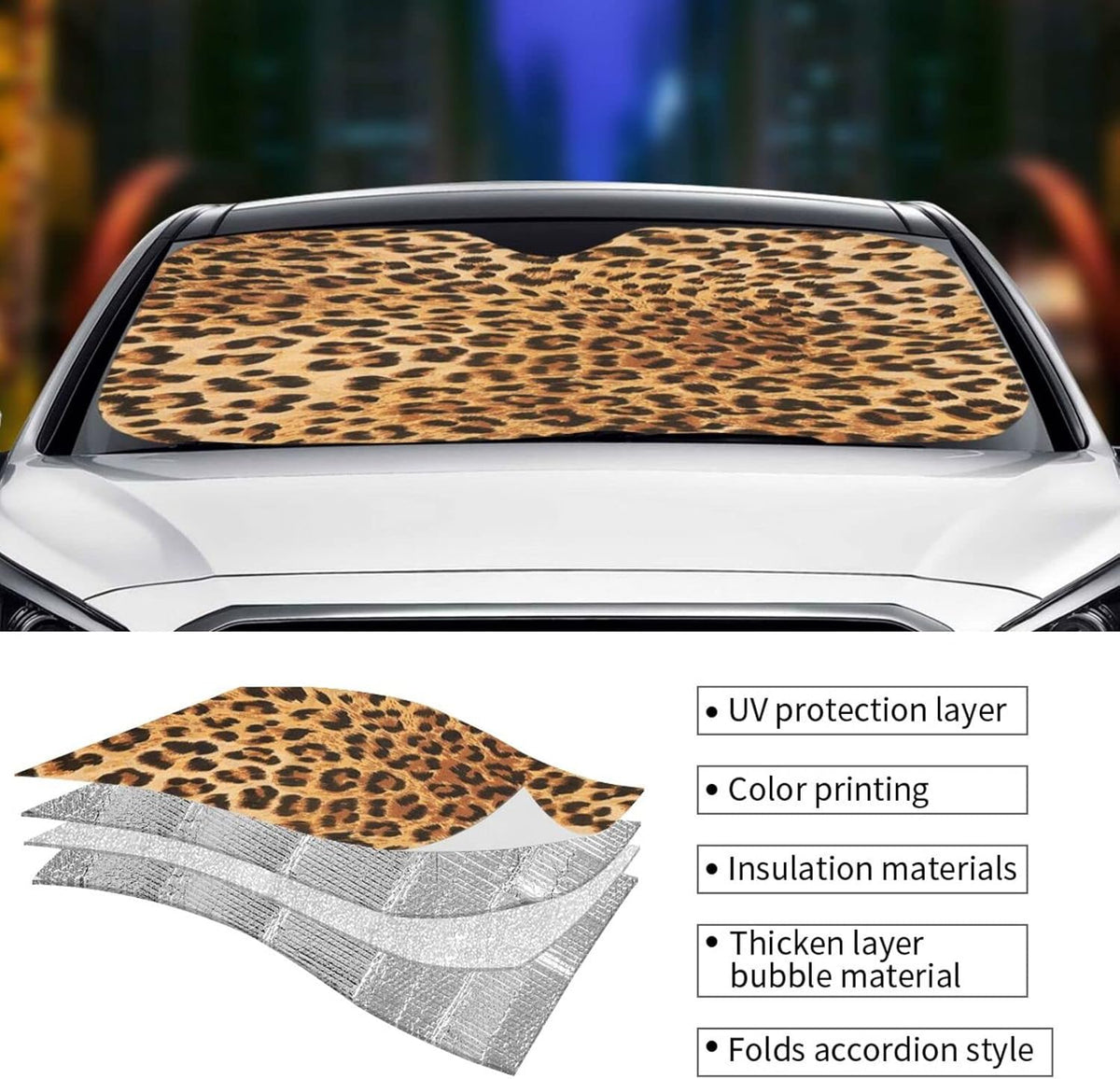 Windshield Sun Shade Cheetah Leopard Print Foldable Car Front Sunshade for Most Sedans SUV Truck Auto Sun Blocker Visor Blocks UV Rays Keeps Your Vehicle Cool-55 x 29.9 Inch