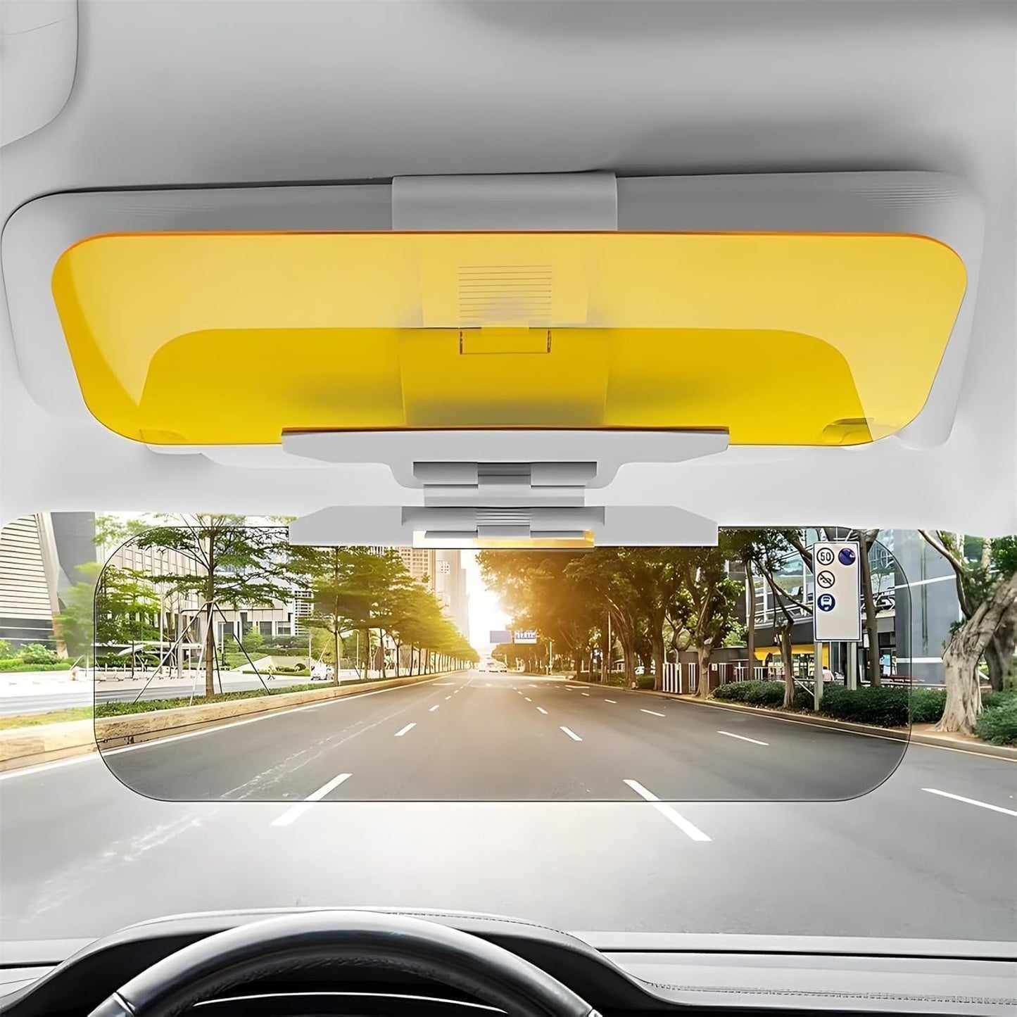 Day/Night Polarized Sun Visor Extender for Car/Trucks, Anti-Glare UV Protection Clip-On Shield, Shatterproof Optical Acrylic/Heat Reducer/Universal Adhesive-Free Sun Visor for Car Windshield