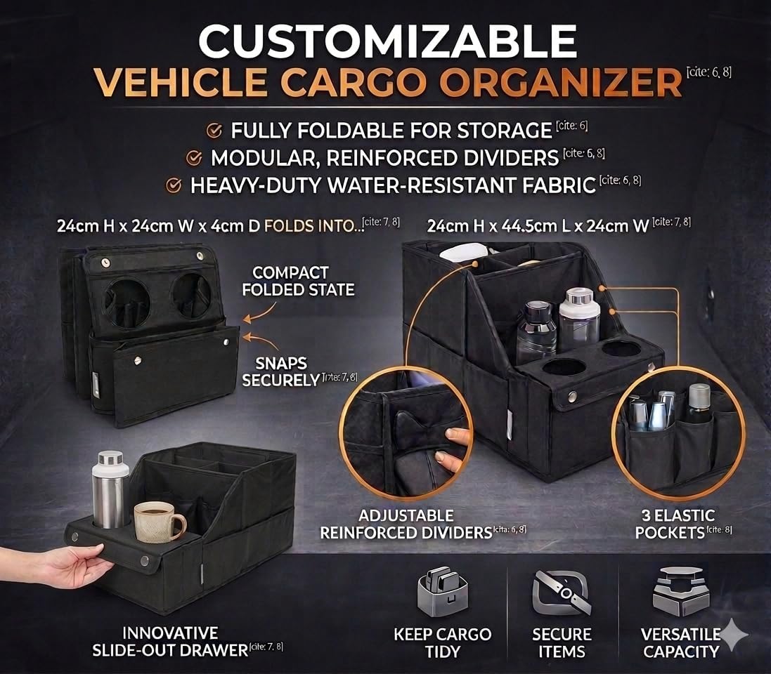 Car Trunk Organizer for SUV with Cup Holder – Foldable Trunk Organizer for Car, Car Organizer for Storage, Durable Car Organizers and Storage, Car Essentials for Easy Car Organization