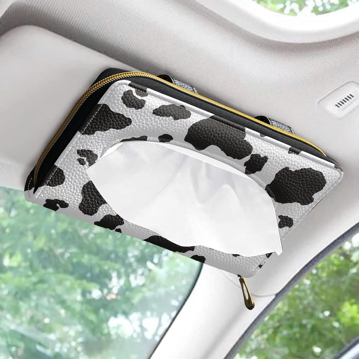 Biyejit Car Tissue Holder - Black and White Cow Print Sun Visor Napkin Holder, PU Leather Backseat Tissue case Holder
