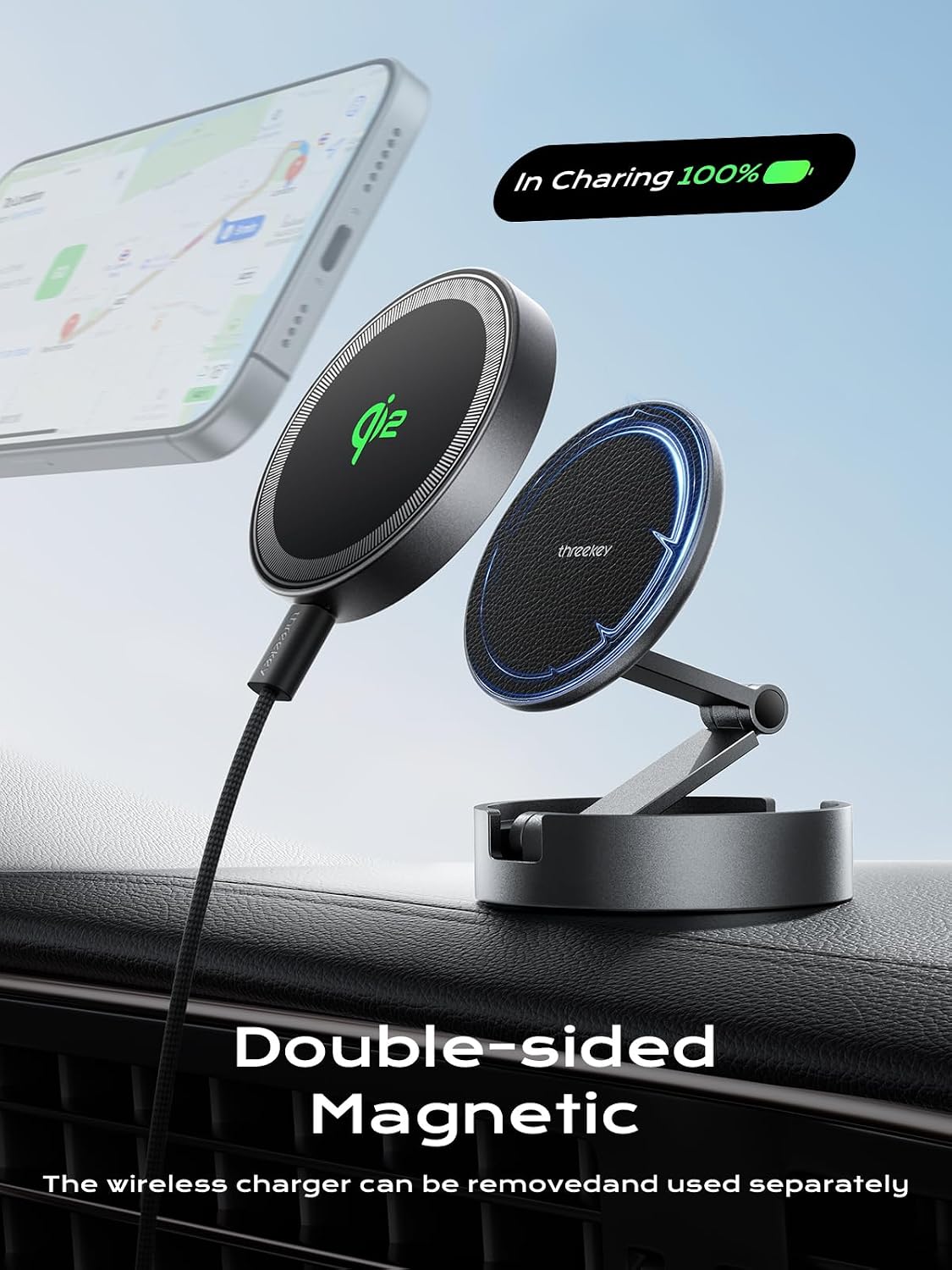 THREEKEY Magnetic Car Mount Charger Lite Qi2 15W Fast Wireless Charging