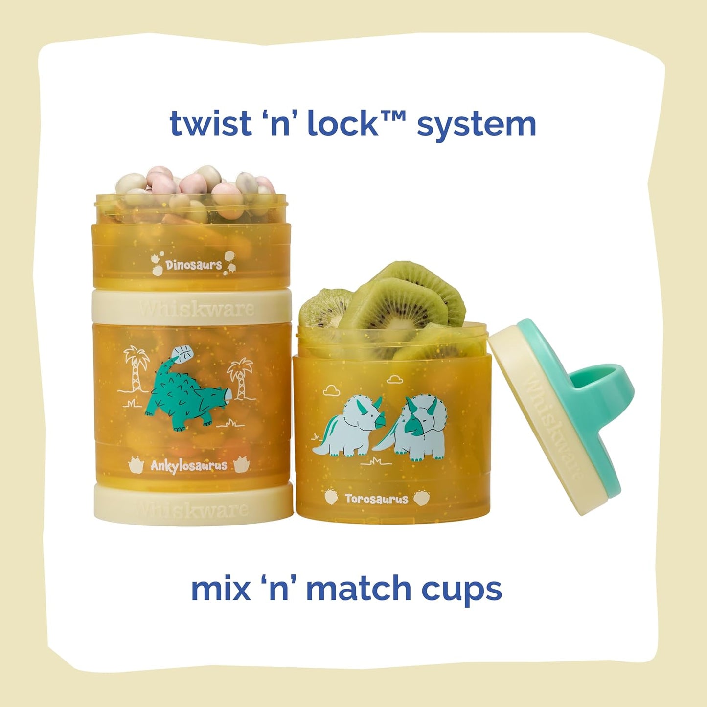 Whiskware Dinosaur Stackable Snack Containers for Babies, Kids, and Toddlers, 3 Stackable Snack Cups for School or Travel, Cupholder Friendly, Blue/Yellow