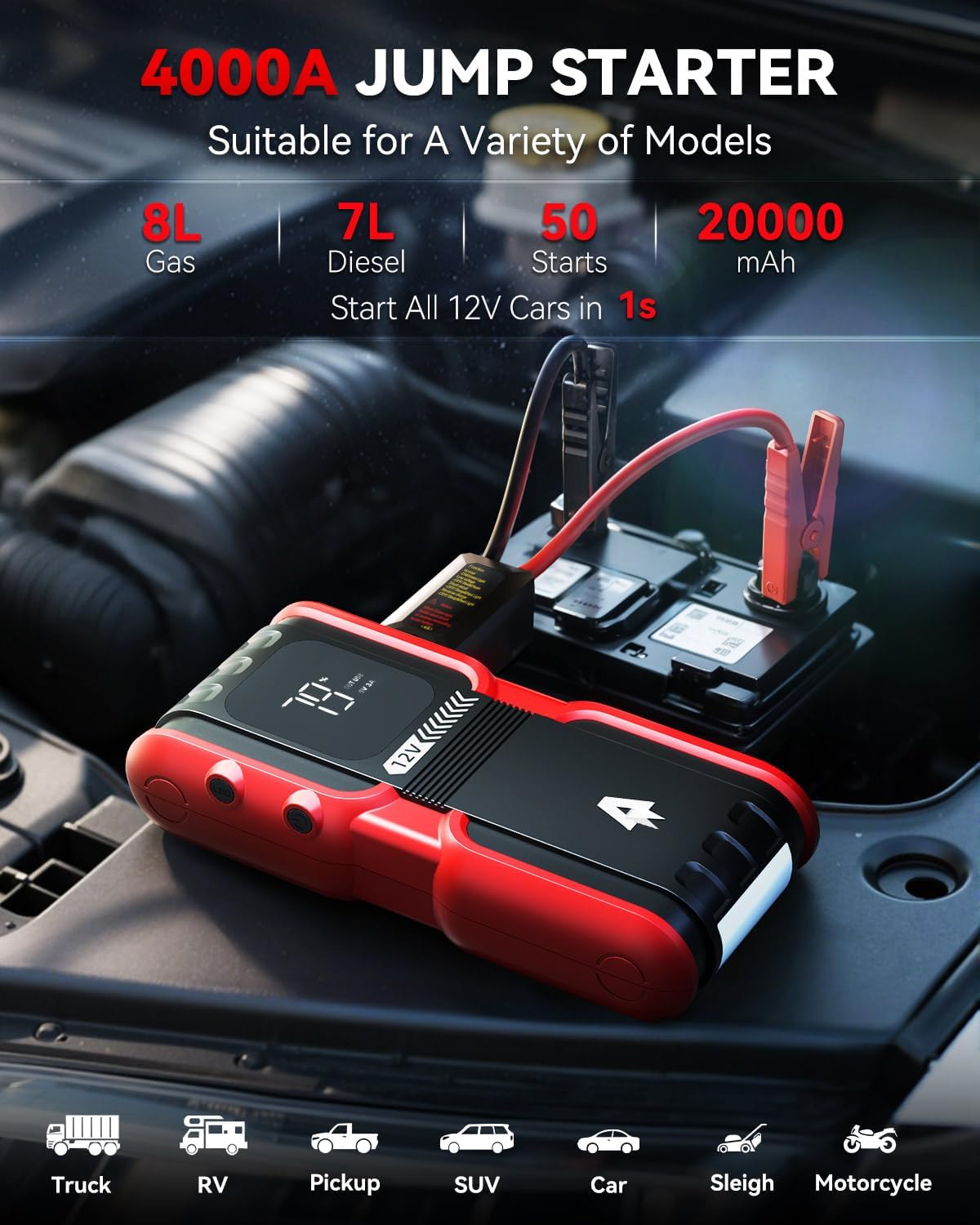 Andeman 4000A Jump Starter with 20000mAh Power Bank, Portable Car Battery Booster Pack, Type-C Quick Charge, 12V Lithium Jumper for up to 8L Gas/7L Diesel Engines, EP-166